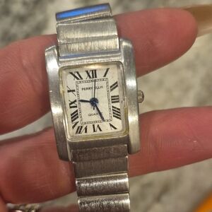 Perry Ellis Silver Rectangular Watch with Roman Numerals